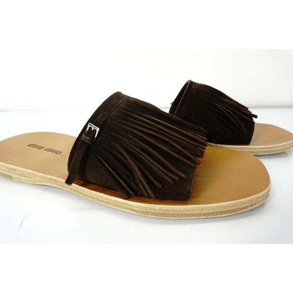 Miu Miu Fringe Brown Suede Mule Sandals Size 36.5 - Picture 5 of 9